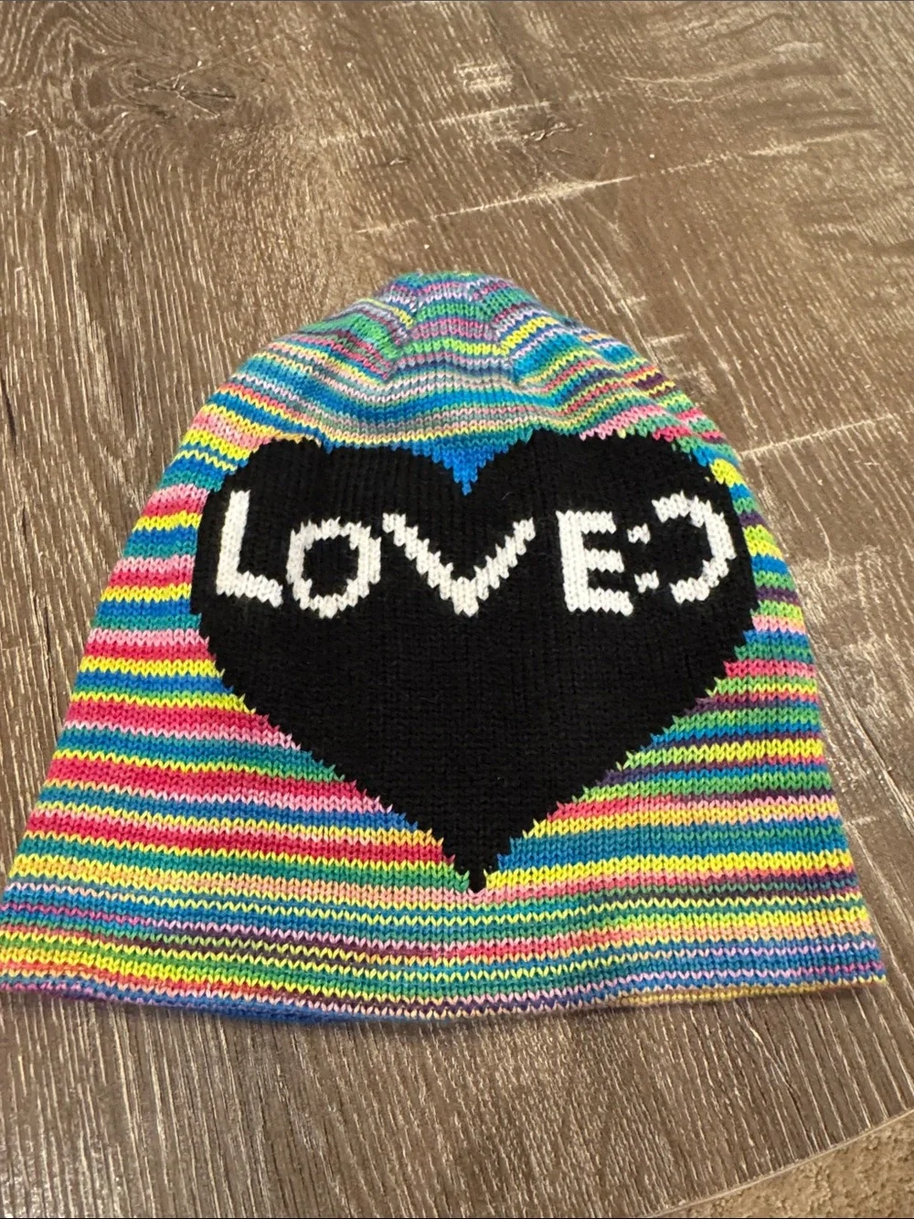 Flowers by Zoe Multicolor Striped Beanie with Black Heart 'LOVE'